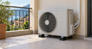 Unità esterna di un climatizzatore integra su un balcone con spazio libero davanti alla griglia