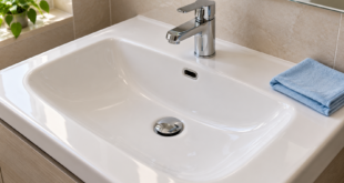 Dettaglio di lavabo in ceramica con tappo cromato, apertura del troppopieno e panno per la pulizia sul bordo