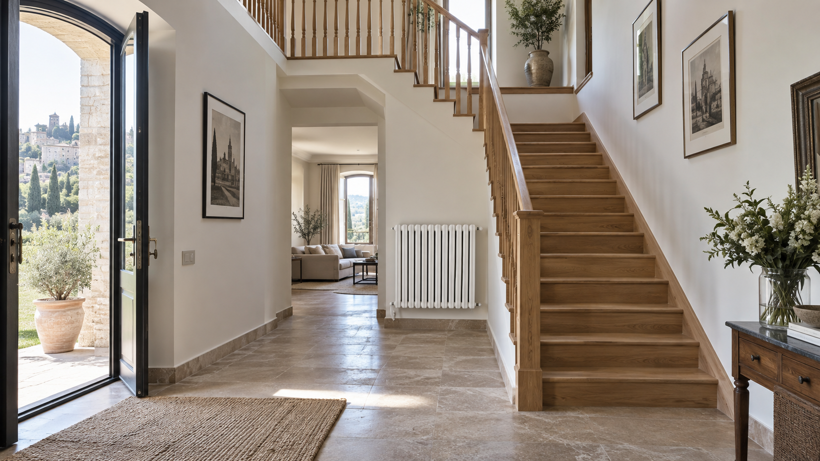 Ingresso di una casa su due livelli con scala interna e radiatore al piano inferiore
