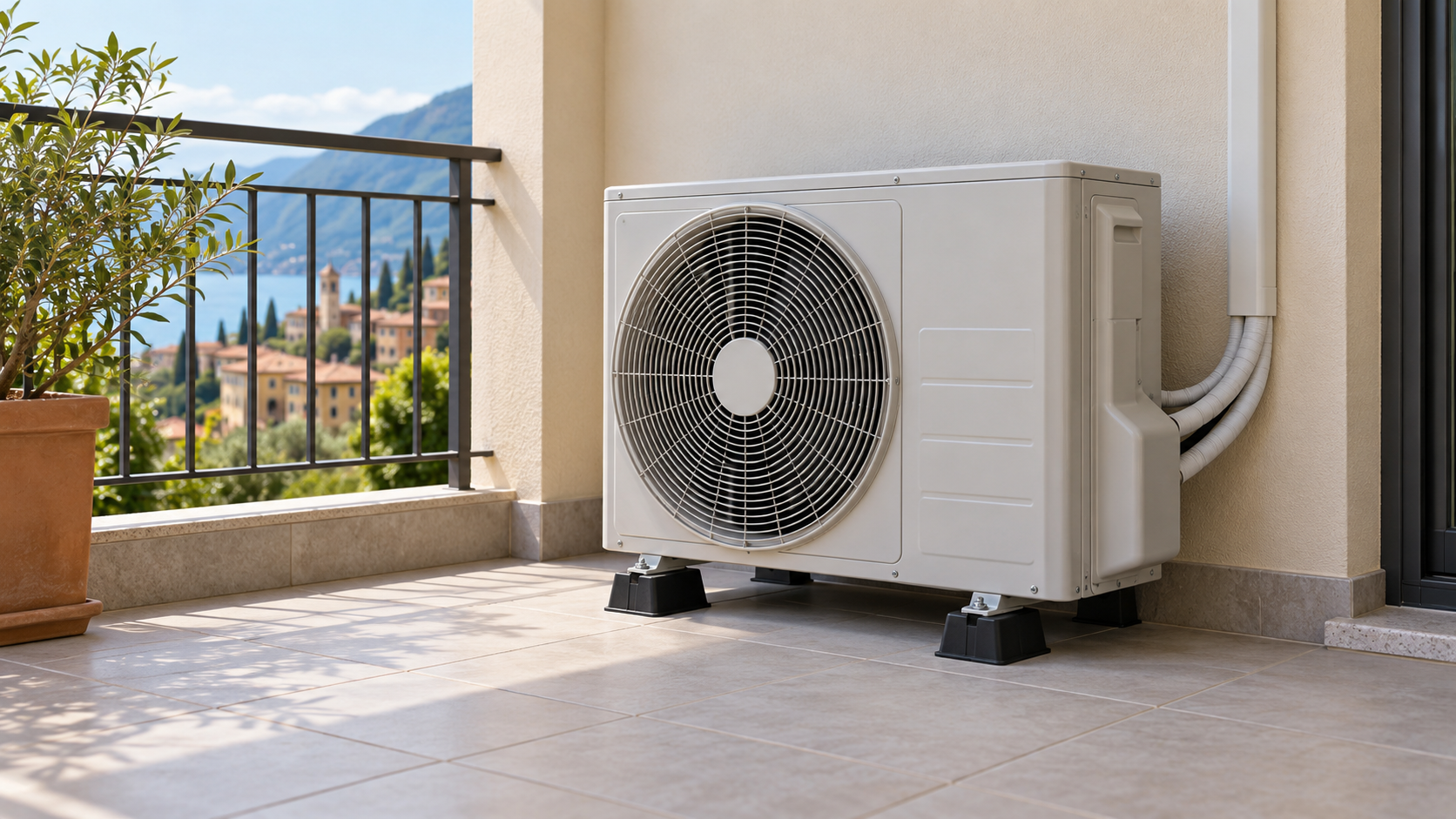 Unità esterna di un climatizzatore integra su un balcone con spazio libero davanti alla griglia