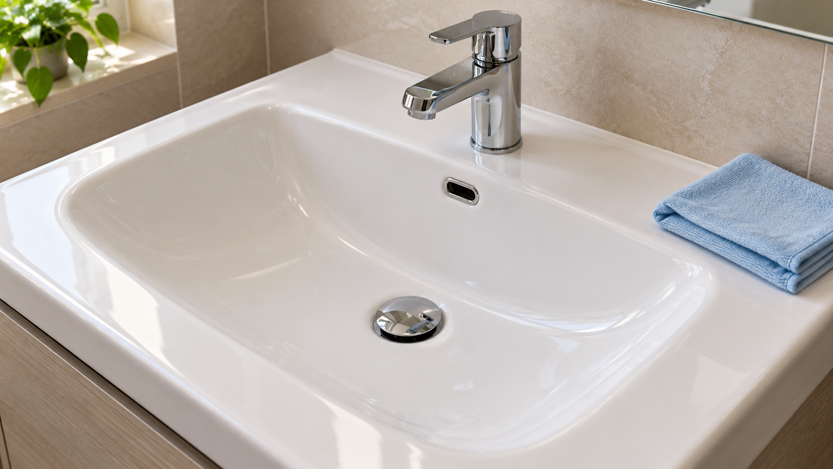 Dettaglio di lavabo in ceramica con tappo cromato, apertura del troppopieno e panno per la pulizia sul bordo
